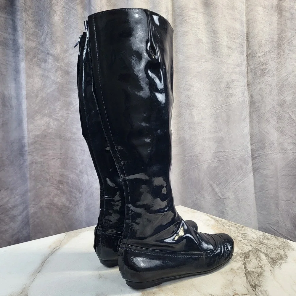 Lanvin Patent Leather Knee High Back Zip Boots Dark Blue Women's Size 6